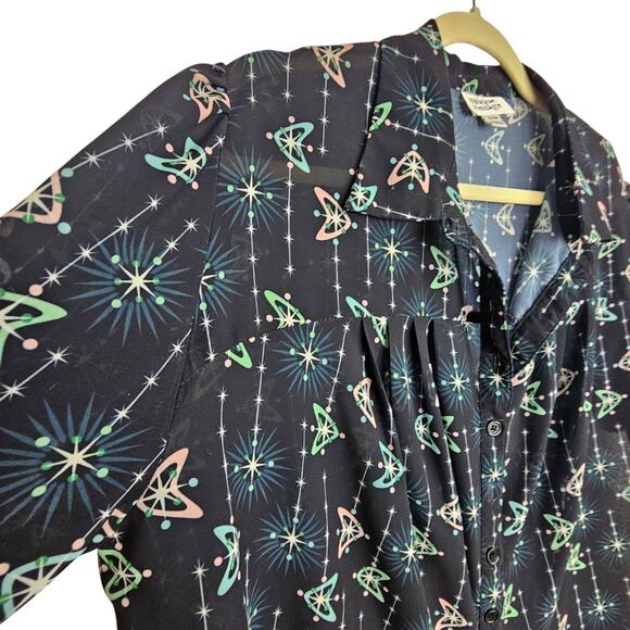 Unique Vintage Top Button Front Blouse Women 2X/18 Black Atomic Print Sheer Top - Picture 5 of 7